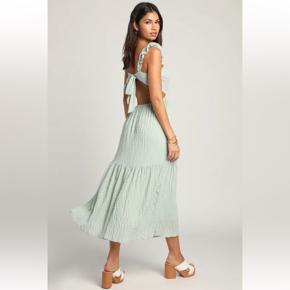 Lulus Dreamiest Darling Mint Smocked Tie-Back Tiered Midi Dress - Picture 3 of 7